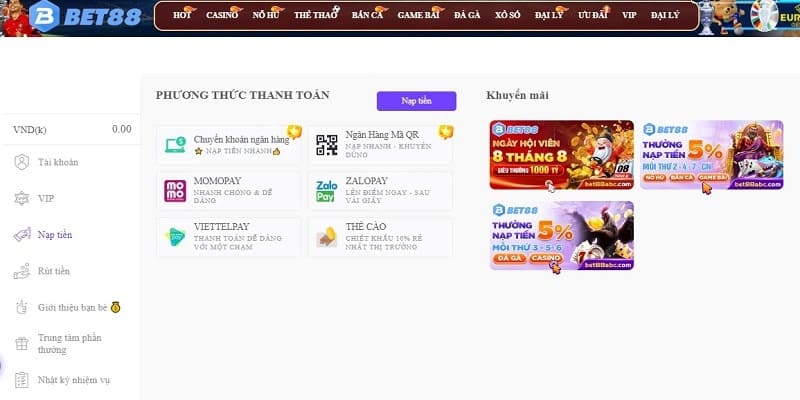 Top những cách nạp tiền BET88 chi tiết nhất 